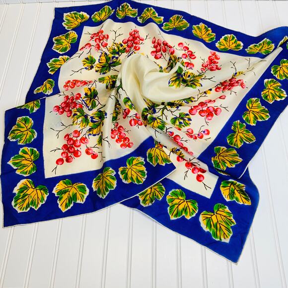 Large Square Silky Scarf Grape Leaf and Grape Design - Picture 2 of 6